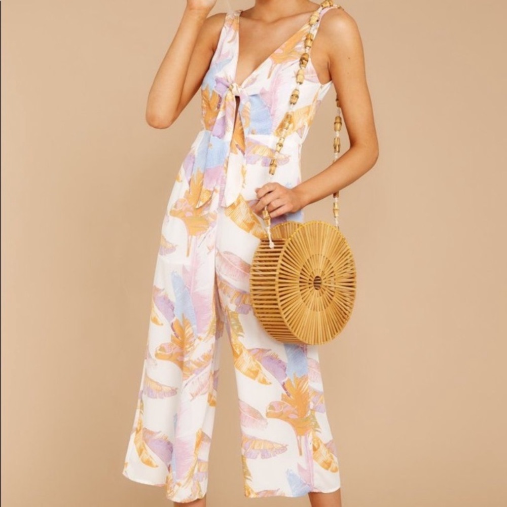 Buddy Love Brinkley Jumpsuit Sleeveless Keyhole Tie Front Palm Leaves Small NWT